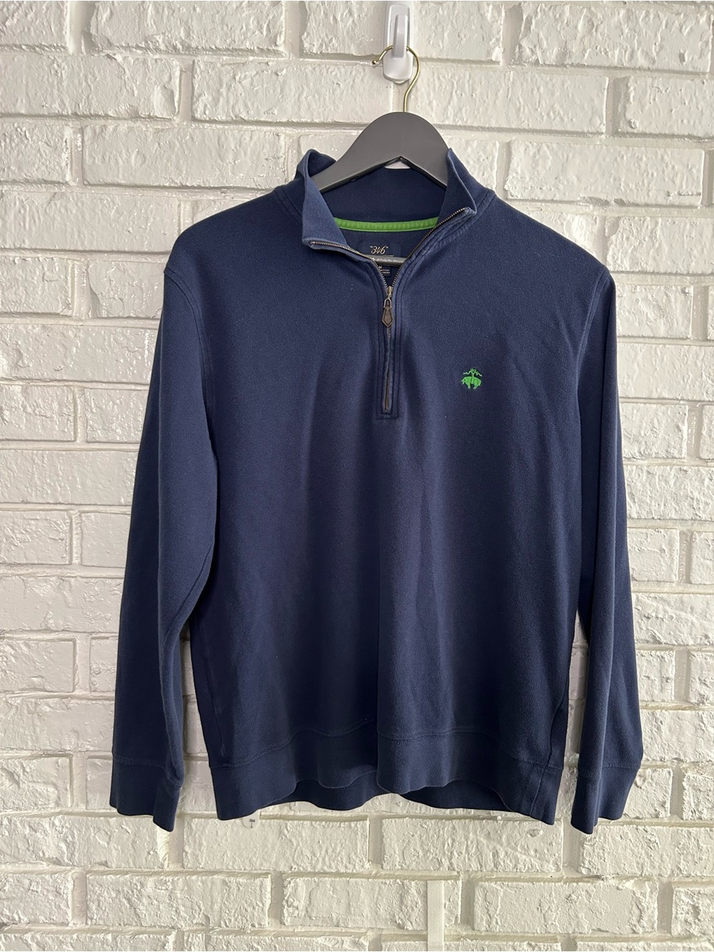 Brooks Brothers Navy Quarter-Zip Sweater with Green Logo Accent Medium